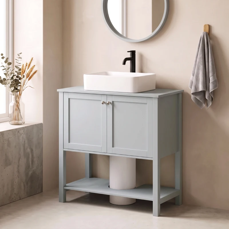 HOMCOM Under Sink Bathroom Cabinet with 2 Doors, Open Shelf and U-Shape Cut-Out for Basin with or without Pedestal, Light Blue