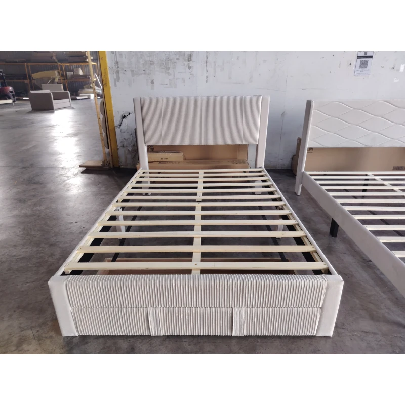 HOMCOM Polsterbett 140x200 cm mit gepolstertem Kopfteil und Stauraumschublade Holzlatten Einfache Montage Beige