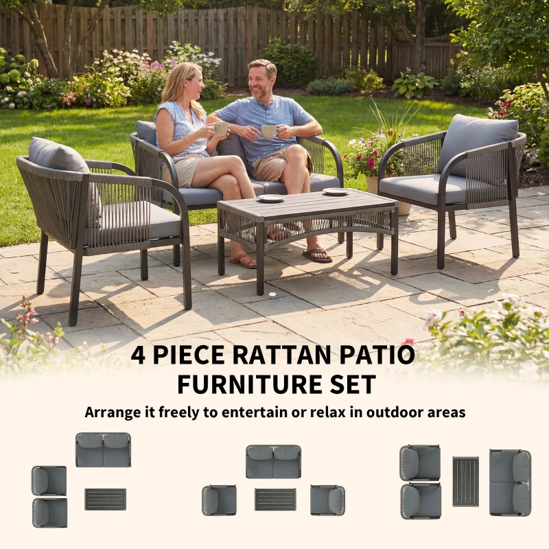 Outsunny 4 Piece Rattan Garden Furniture Set with Loveseat, Armchairs, Table, Steel Frame Wicker Patio Conversation Set, Grey