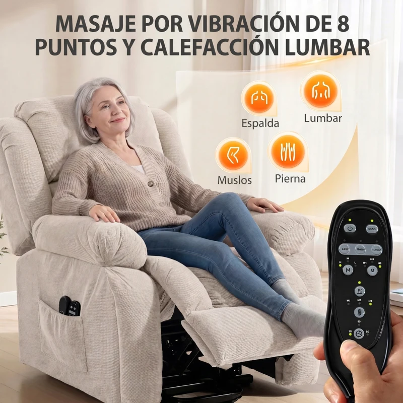 HOMCOM Sillón Relax Reclinable Eléctrico Levanta Personas Masaje Vibratorio y Calor Asiento Ancho Puerto USB Bolsillos Beige