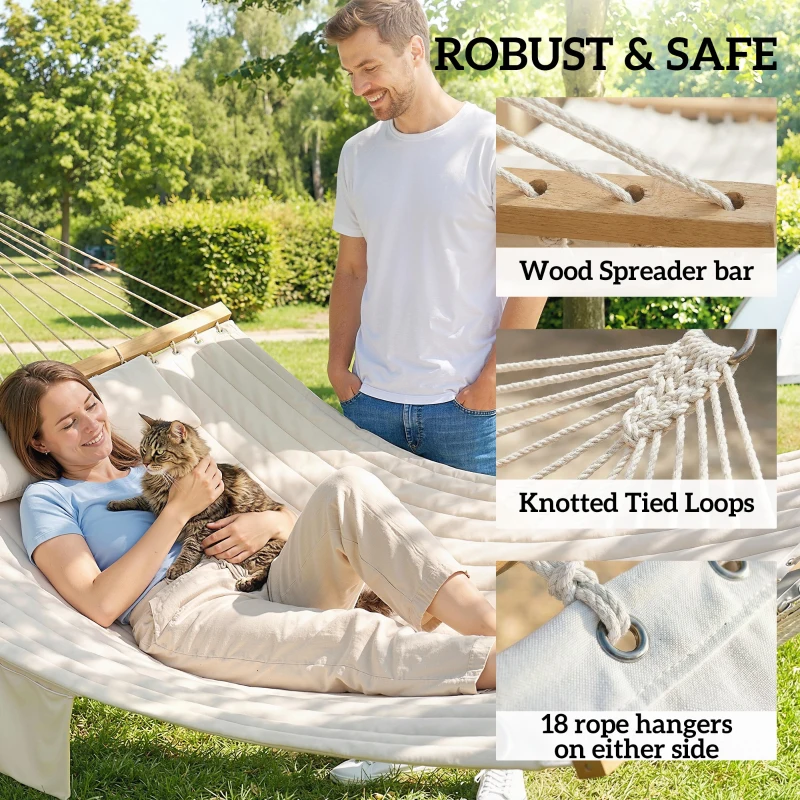 Outsunny Double Hammock 2 Person Swing Bed with Spreader Bars, Pillows, Pad, 200 x 140cm, Cream White