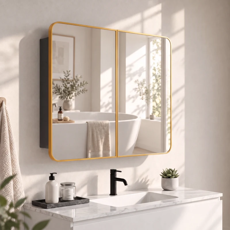 HOMCOM 76.2 x 11.6 x 61 cm Bathroom Mirror Cabinet, Wall Cabinet with Adjustable Shelves, Wall-Mounted or Recessed, Gold Tone