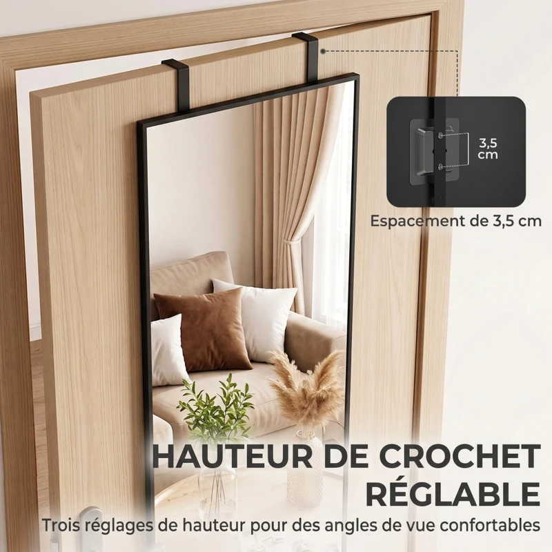 HOMCOM Miroir Mural Rectangulaire 110 x 40 cm, Crochets, Hauteurs Réglables, Verre Trempé, Cadre en Alliage d'Aluminium, Noir
