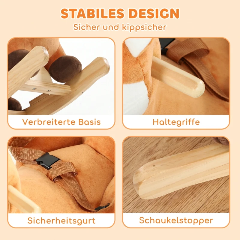 AIYAPLAY Hobbelpaard in hertdesign, stevig pluche hobbelpaard met dierengeluiden, veiligheidsgordel en schommelstop