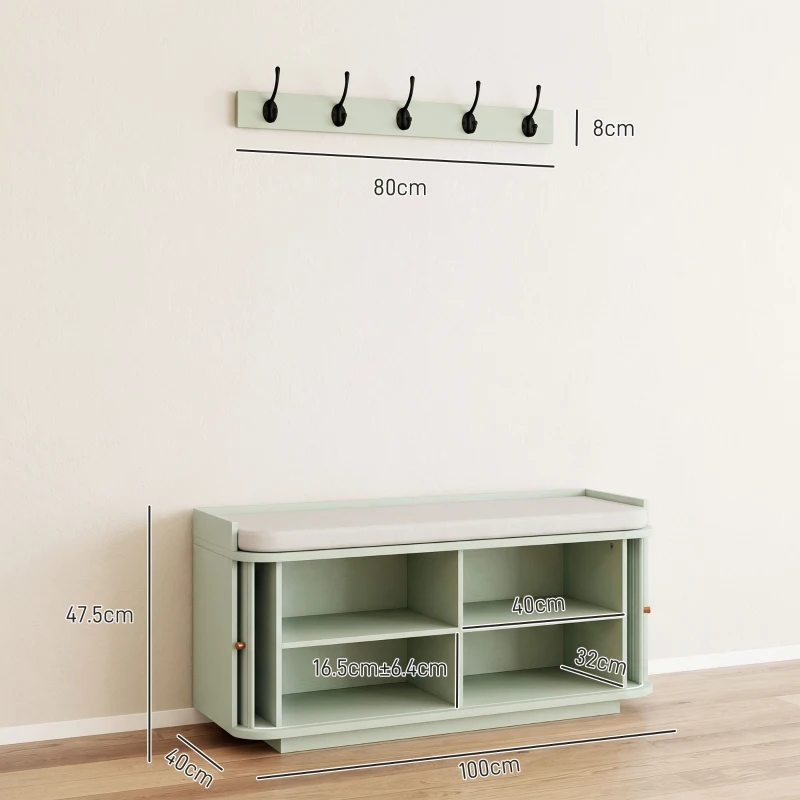 HOMCOM Hallway Storage Unit, Hallway Furniture Set with Shoe Storage Cabinet and 5 Hooks Coat Rack, Light Green