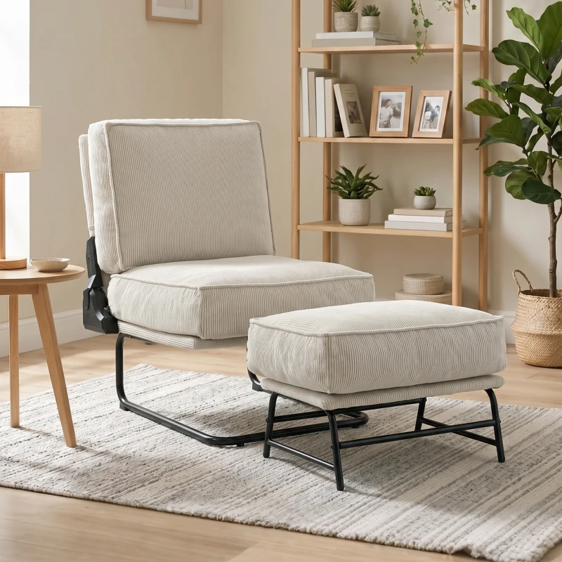HOMCOM Fauteuil avec Repose-pieds Dossier Réglable Fauteuil de Lecture en Velours Côtelé avec Assise Large Rembourrage Épais Crème