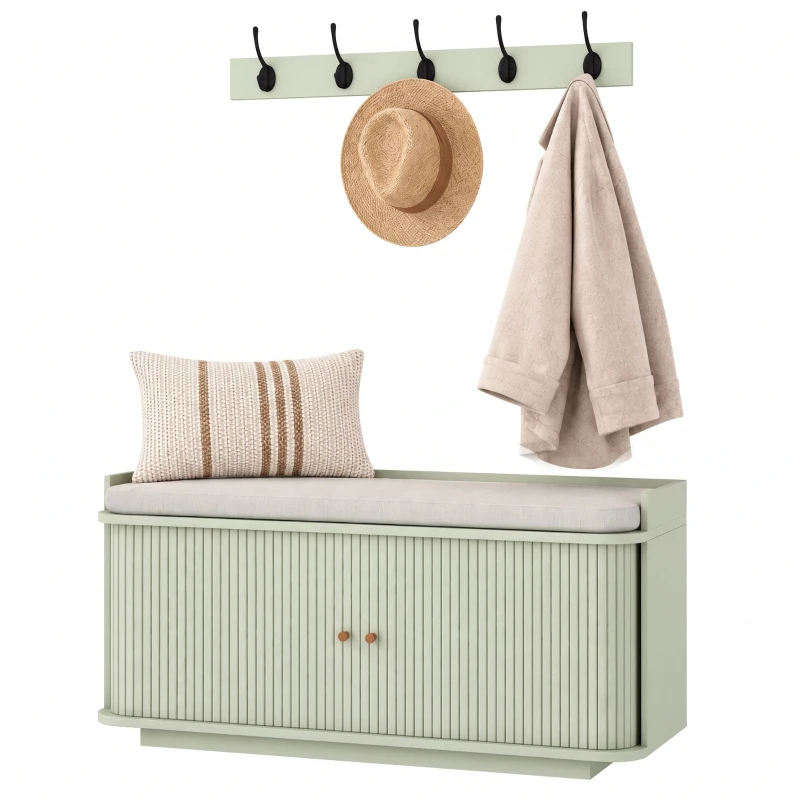 HOMCOM Hallway Storage Unit, Hallway Furniture Set with Shoe Storage Cabinet and 5 Hooks Coat Rack, Light Green