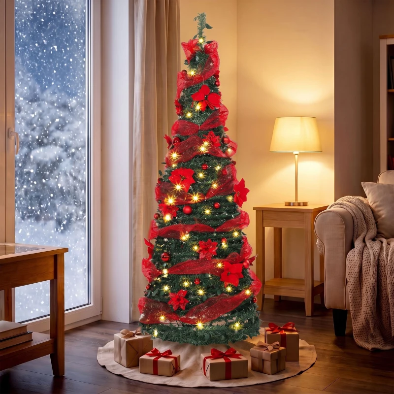 HOMCOM Árvore de Natal Artificial 180 cm com 150 Luzes LED 200 Ramos 11 Modos Bolas Fitas e Suporte Dobrável Verde e Vermelho
