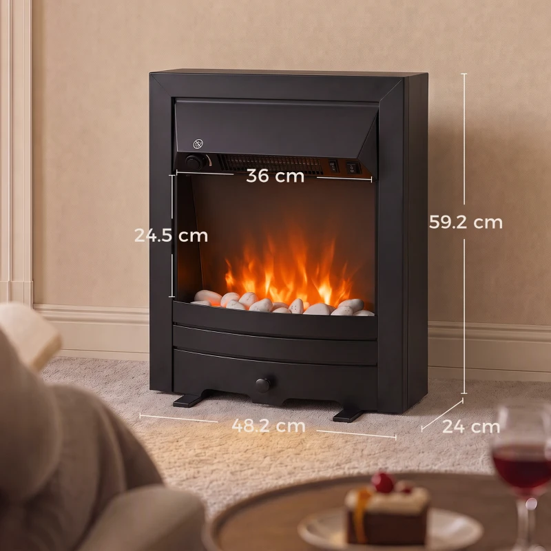 HOMCOM Electric Fireplace Stove Freestanding/Inset, 2000W, Electric Fire with LED Flame, Pebbles, Adjustable Thermostat, Black