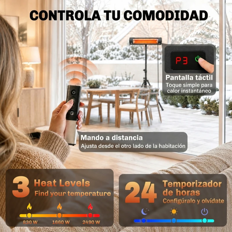 Outsunny Calefactor Infrarrojos Terraza de Pie 2500 W Trípode Regulable IP65 Control Táctil/Remoto 3 Niveles Calor Temporizador