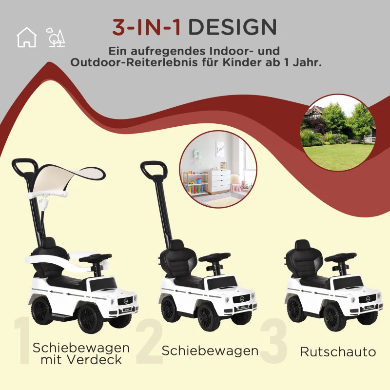 HOMCOM Rutschauto mit Schiebstange Mercedes-Benz G350 Rutschfahrzeug mit Lenkrad 3-in-1 Schiebeauto für 18-36 Monate Weiß