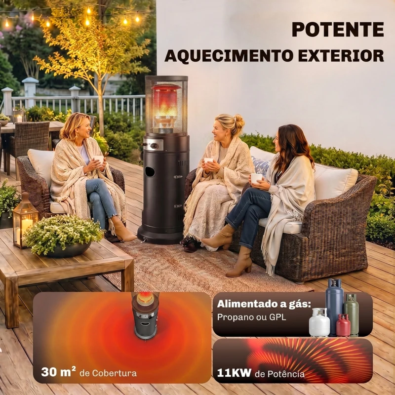 Outsunny Aquecedor de Gás para Pátio 11 kW Estufa de Exterior Portátil a Propano com Grelha de Proteção e Sistema Antitombo Preto