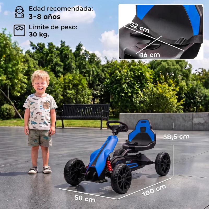 HOMCOM Kart Coche Eléctrico Infantil 12V de 3 a 8 Años Velocidad 3-5km/h y Cinturón de Seguridad 100x58x58,5cm Azul