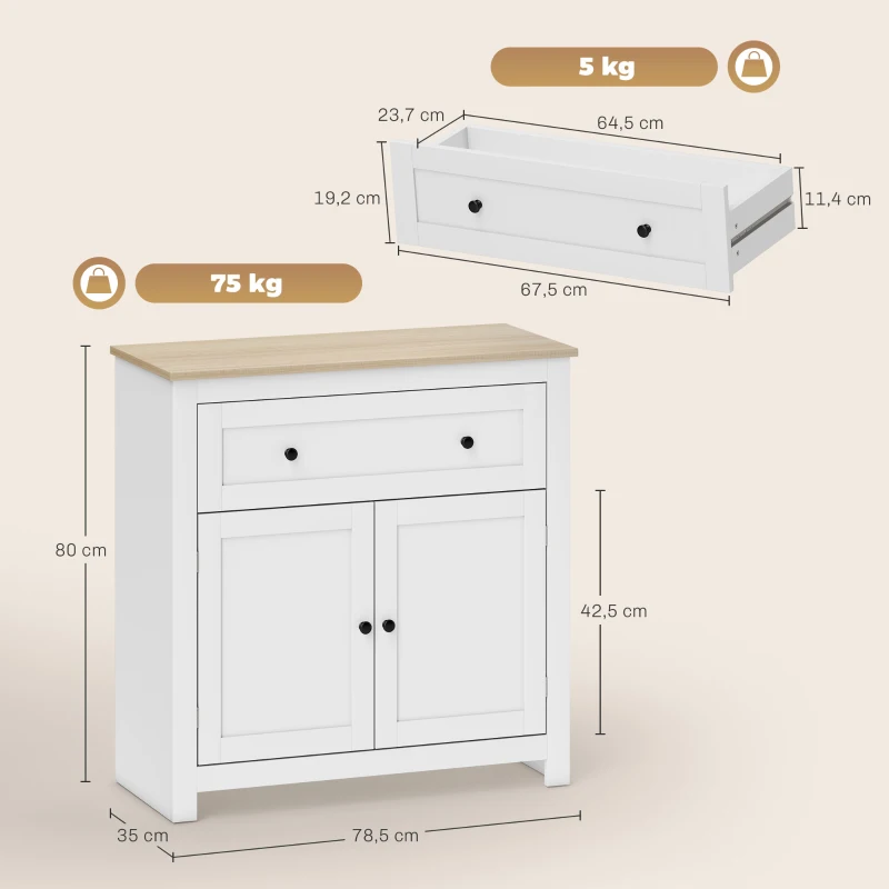 HOMCOM Aparador de Cozinha com Gaveta e Armário com Prateleira Regulável, em Madeira, 78.5x35x80 cm, Branco