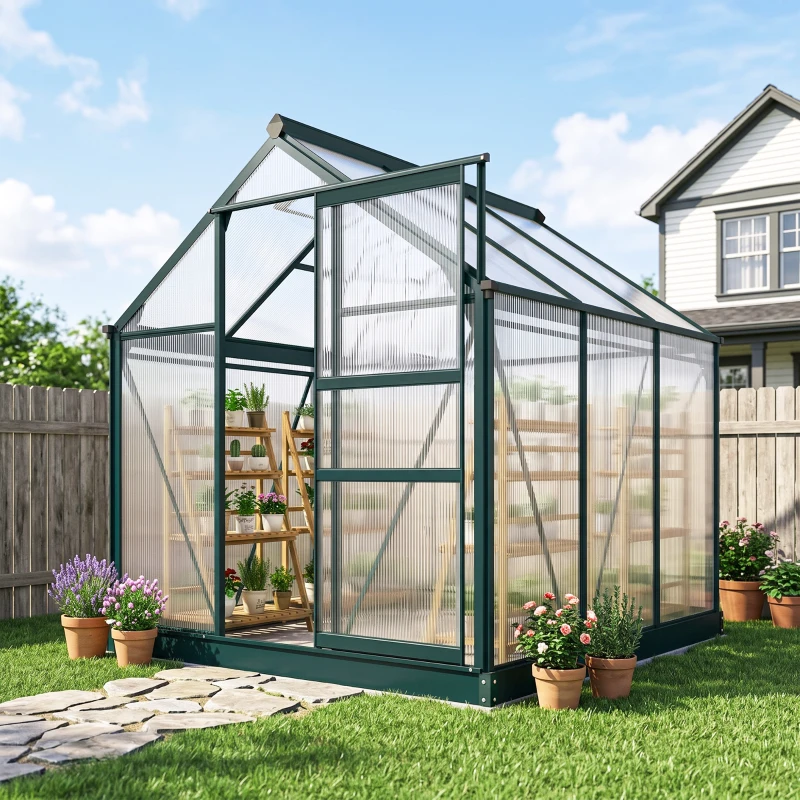 Outsunny Invernadero de Jardín 2x2 m Policarbonato y Aluminio Vivero Casero con Tragaluz Protección UV30 y Base 3,65 m² para Macetas Cultivo Plantas Flores Transparente