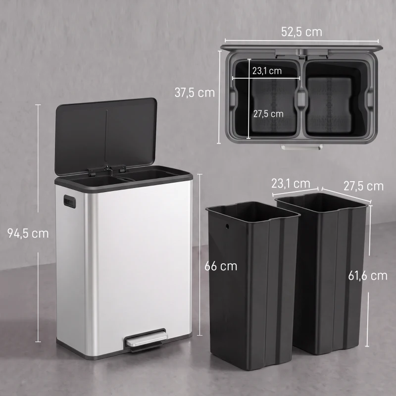 HOMCOM Poubelle à Double Compartiment 2 x 30L, Poubelle de Cuisine en Acier Inoxydable, Couvercle à Fermeture Douce, Argent