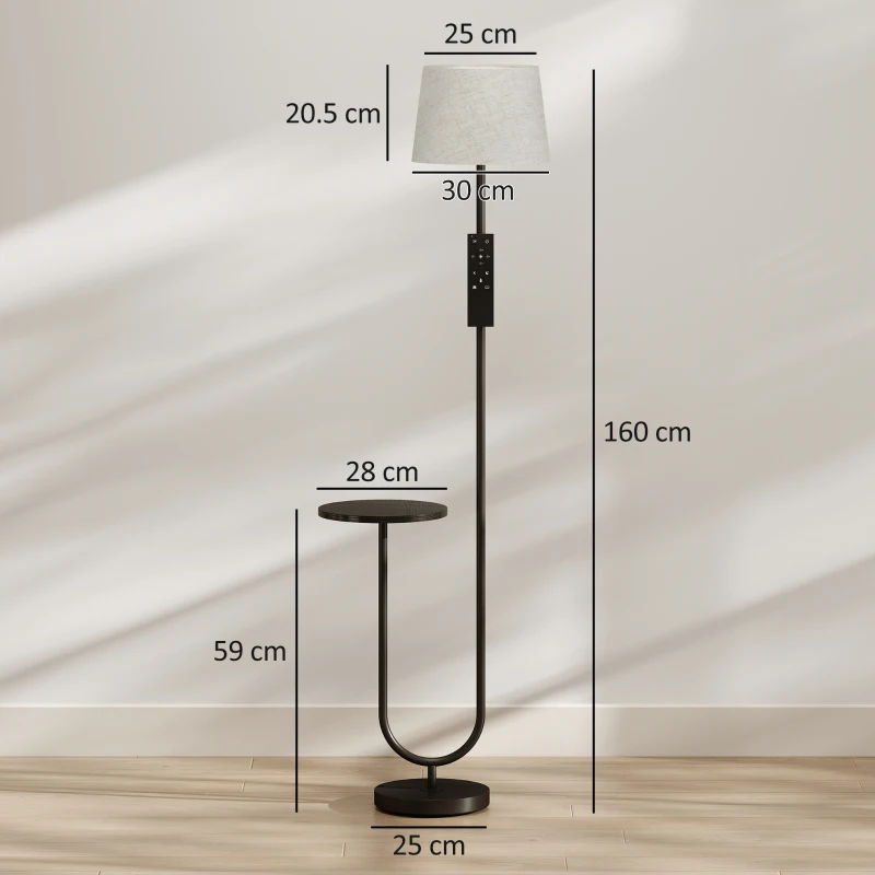 HOMCOM Modern Floor Lamp with Shelf, Dimmable Floor Lamp with Linen Shade, RF Remote and Foot Switch for Living Room, Black