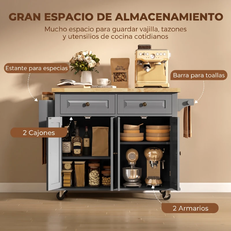 HOMCOM Isla de Cocina con Ruedas Mueble Auxiliar de Cocina con Especiero y Barra Lateral 111x44,5x82,5 cm Gris