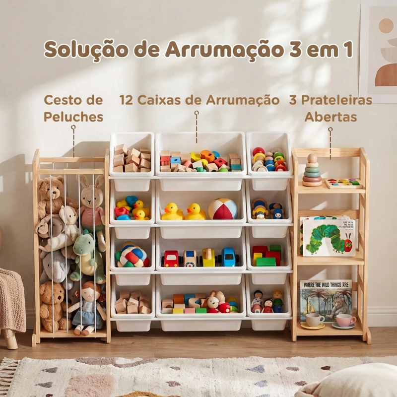 AIYAPLAY Estante Infantil para Brinquedos em Madeira com 12 Caixas, Organizador de Peluches e 3 Prateleiras 146x39,5x88 cm Natural