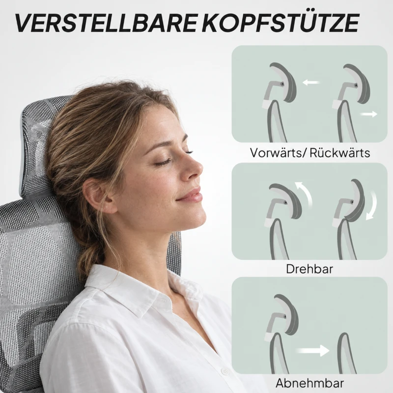 HOMCOM Bürostuhl, Ergonomischer Schreibtischstuhl mit Netzstoffbezug, verstellbar, rollbar, mit Armlehnen, Kopfstütze, Grau