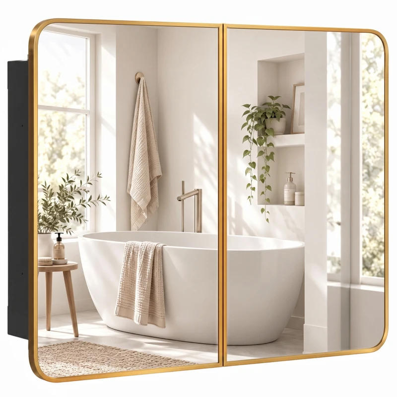 HOMCOM 76.2 x 11.6 x 61 cm Bathroom Mirror Cabinet, Wall Cabinet with Adjustable Shelves, Wall-Mounted or Recessed, Gold Tone