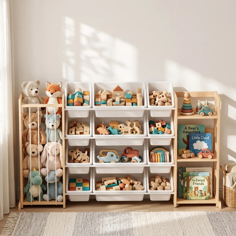 AIYAPLAY Estantería Infantil de Juguetes de Madera con 12 Cajas Organizador de Peluches 3 Estantes 146x39,5x88 cm Natural