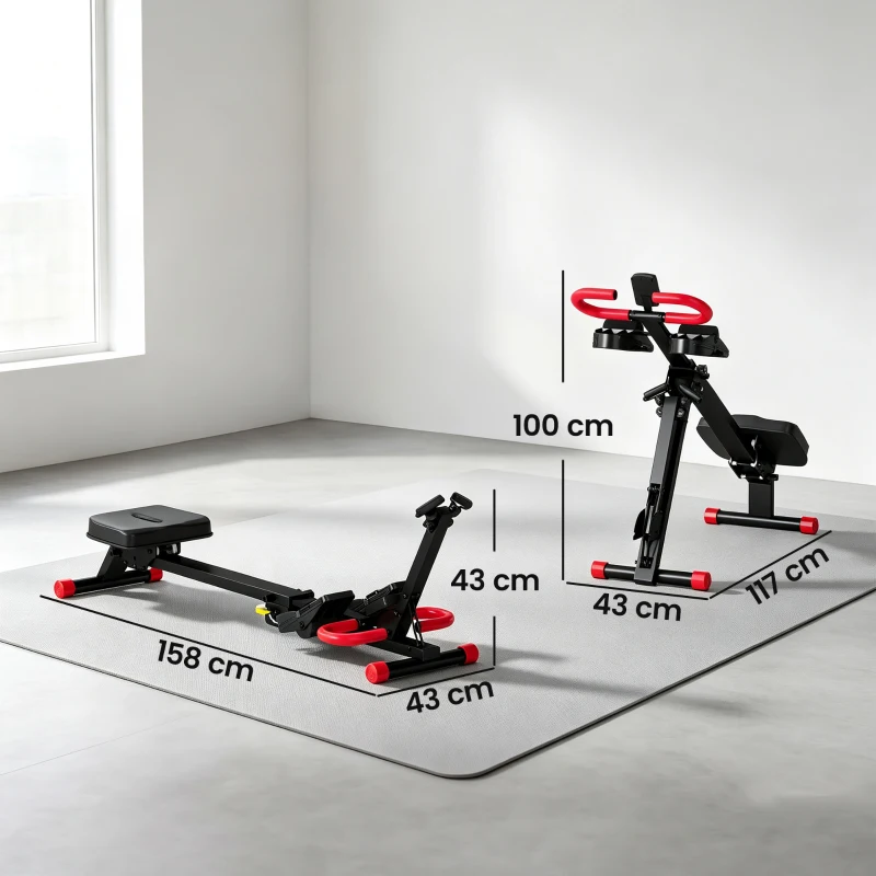 SPORTNOW Máquina de Remo Plegable 2 en 1 Entrenador Cintura Resistencia Ajustable Pantalla LCD Asiento Acolchado Carga 120 kg