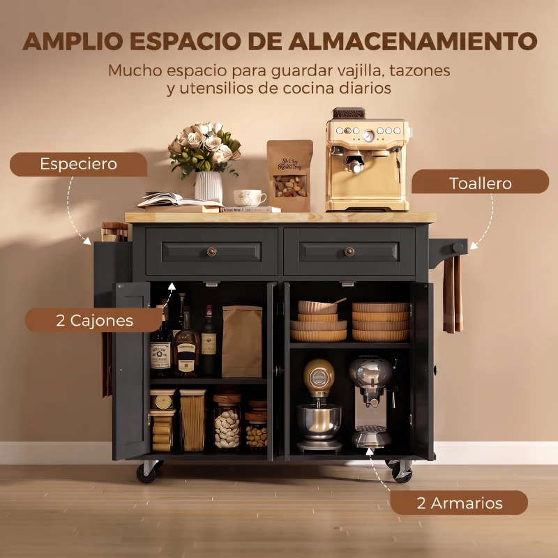 HOMCOM Isla de Cocina con Ruedas Mueble Auxiliar de Cocina con Especiero y Barra Lateral 111x44,5x82,5 cm Negro