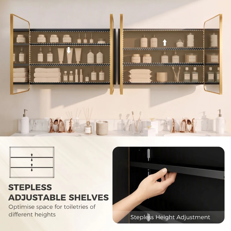 HOMCOM 76.2 x 11.6 x 61 cm Bathroom Mirror Cabinet, Wall Cabinet with Adjustable Shelves, Wall-Mounted or Recessed, Gold Tone