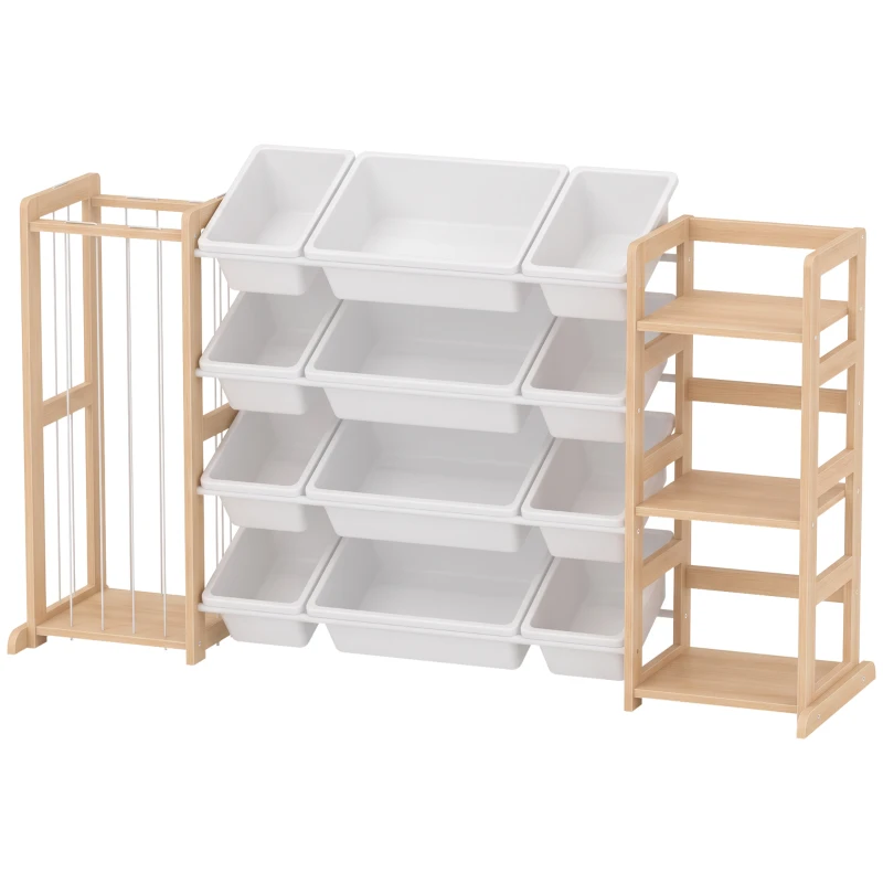 AIYAPLAY Estantería Infantil de Juguetes de Madera con 12 Cajas Organizador de Peluches 3 Estantes 146x39,5x88 cm Natural