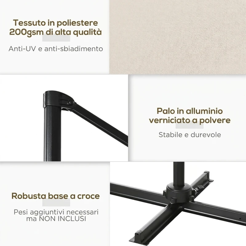Outsunny Ombrellone da Giardino con Angolazione Regolabile su 5 Livelli e a 360°, 2.5x2.5 m, color Crema