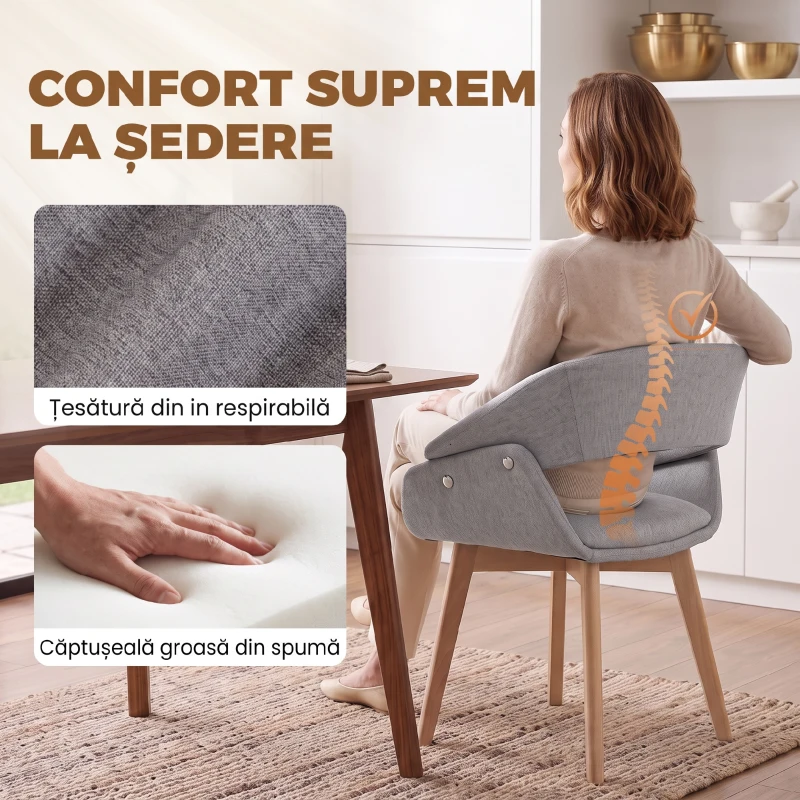 HOMCOM Set 2 Scaune Dining Ergonomice din Material Gri Deschis