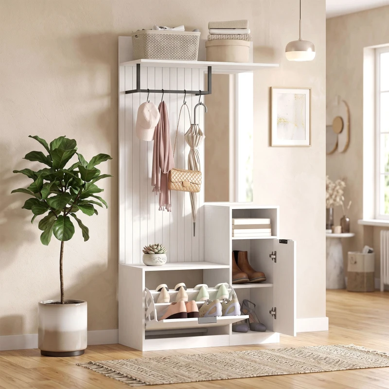HOMCOM Cuier 6-în-1 Mobilier de intrare cu banc pentru încălțăminte, oglindă, sertar basculant, etajere reglabile, 4 cârlige, alb