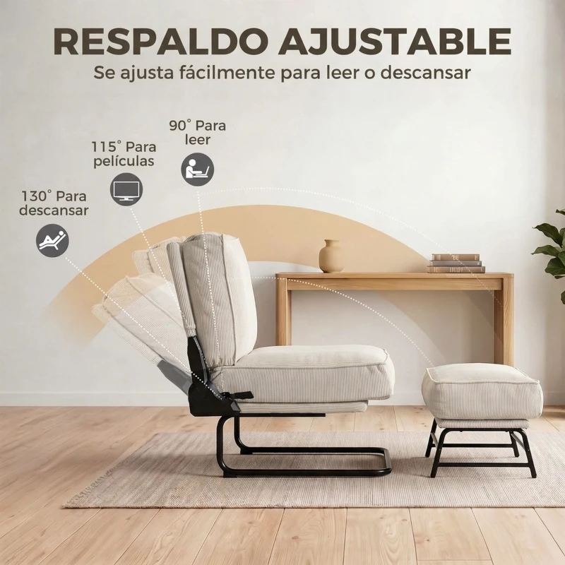 HOMCOM Sillón con Reposapiés Respaldo Ajustable Sillón de Lectura de Pana con Asiento Ancho Acolchado Grueso Crema