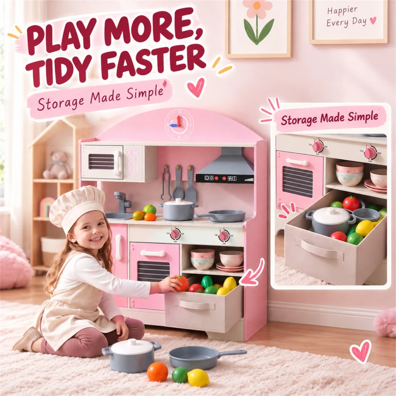 AIYAPLAY Kids Play Kitchen with Lights & Sounds, Pretend Play Toy set with Fabric Drawer, 5-Piece Accessories for 3-6 Years, Pink