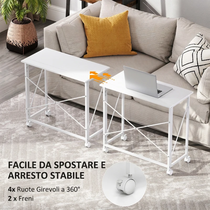 HOMCOM Scrivania Salvaspazio Pieghevole, 80x40x75 cm, Ruote a Freno per Casa, Studio e Ufficio, Bianco