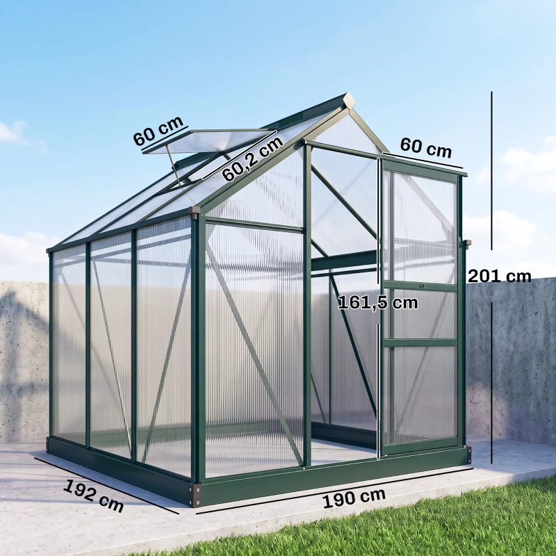 Outsunny Invernadero de Jardín 2x2 m Policarbonato y Aluminio Vivero Casero con Tragaluz Protección UV30 y Base 3,65 m² para Macetas Cultivo Plantas Flores Transparente