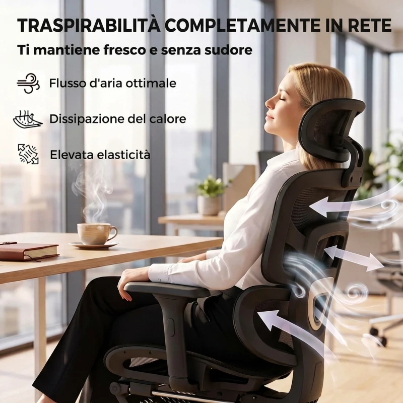 HOMCOM Sedia Ufficio Ergonomica Reclinabile Con Poggiapiedi E Supporto Lombare Nero