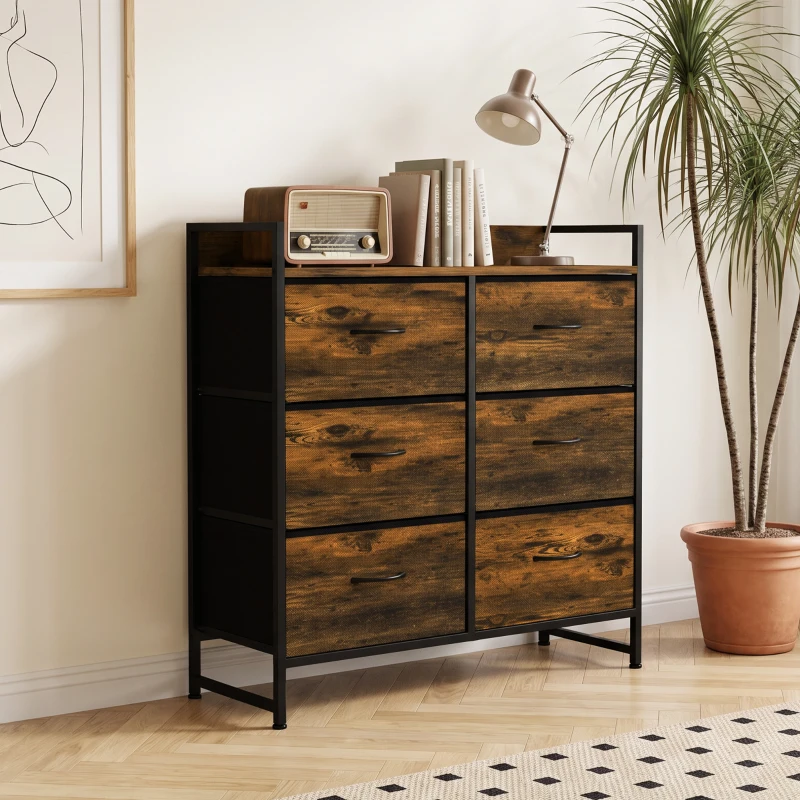 HOMCOM Cómoda de Quarto com 6 Gavetas e Tampo de Madeira / Castanho e Preto