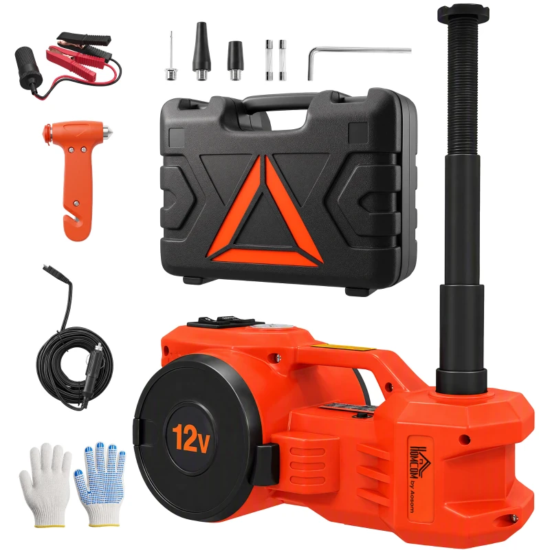 HOMCOM Kit de cric hydraulique électrique 12V 5T levage 15,5-45 cm pompe à air clé hexagonale et mallette réfléchissante orange