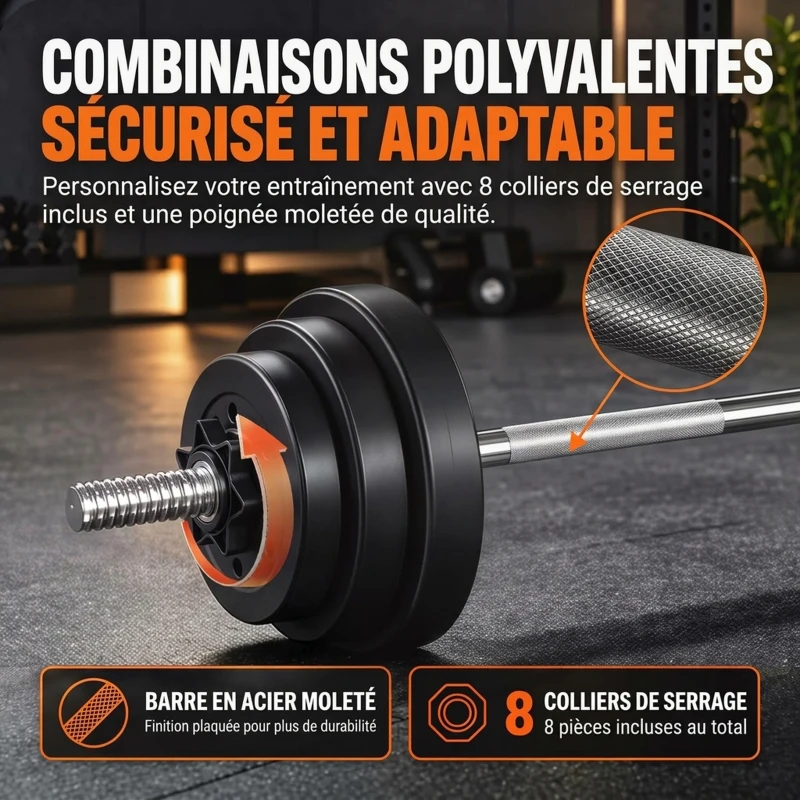 SPORTNOW Kit Haltères Musculation 50 kg 3 en 1, Poids Réglable Revêtement PP, Barre Antidérapante, Verrouillage, Noir