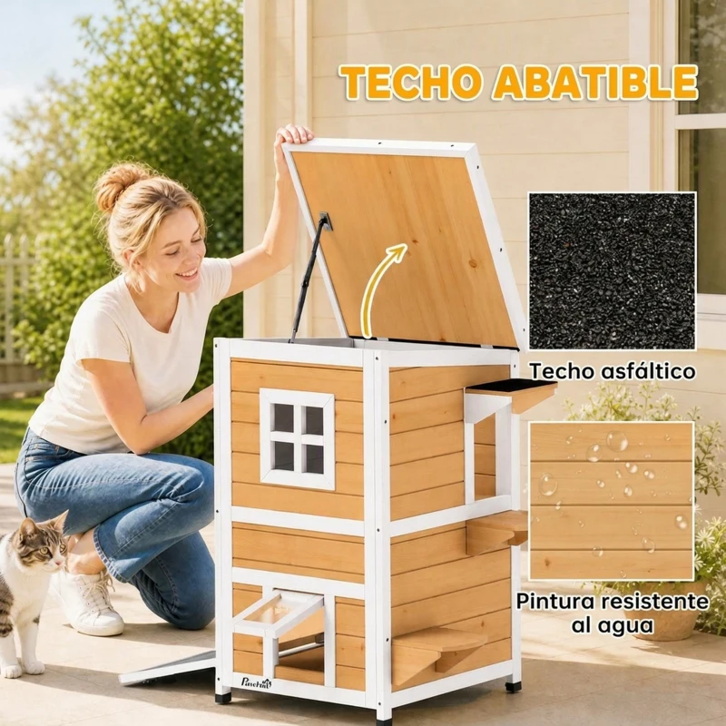 PawHut Caseta para Gatos de Madera Exterior de 2 Niveles con Techo Abatible Panel Central Extraíble 51x51x81,3 cm Natural