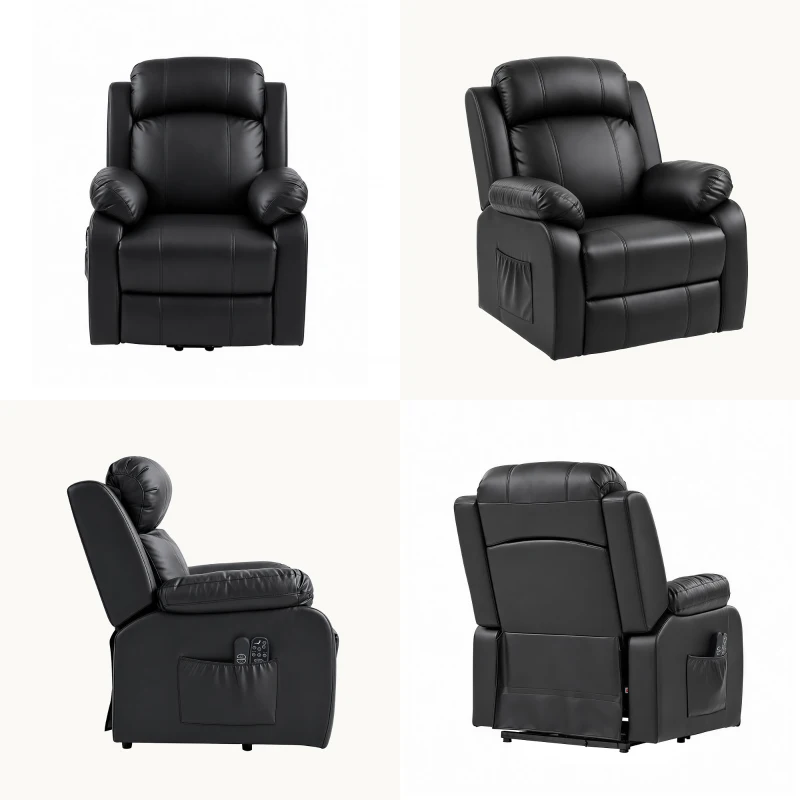 HOMCOM Fotoliu Rulant Electric de Masaj cu Încălzire, Ridicare Asistată și Port USB, Piele PU, Negru