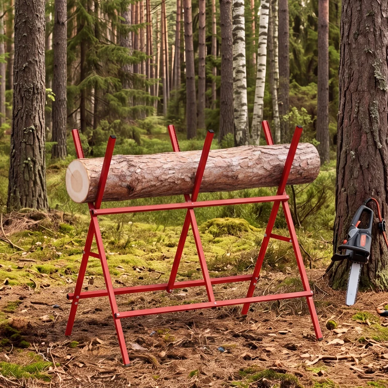 HOMCOM Caballete para Sierra Plegable Soporte Cortar Madera Altura y Ancho Ajustables Estructura en A Soporta hasta 150kg Rojo