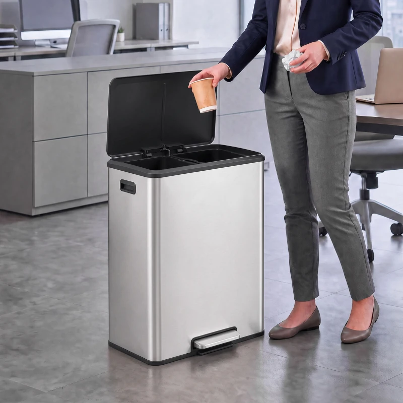 HOMCOM Poubelle à Double Compartiment 2 x 30L, Poubelle de Cuisine en Acier Inoxydable, Couvercle à Fermeture Douce, Argent