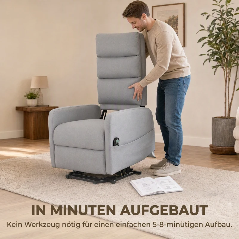 HOMCOM Elektrischer Relaxsessel mit Aufstehhilfe, Fernbedienung, weicher Schaumstoff, Seitentasche, Bezug in Leinenoptik, Grau