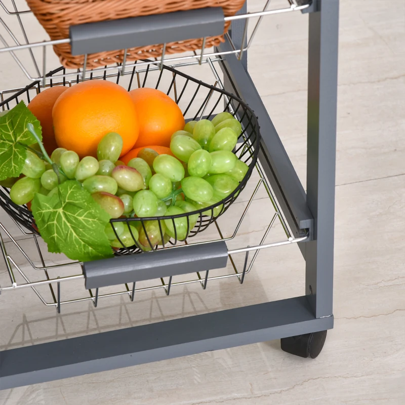 HOMCOM Carrito Auxiliar con Ruedas Carrito de Cocina con 3 Cestas Metálicas Cajón 2 Especieros 47x37x83 cm Gris