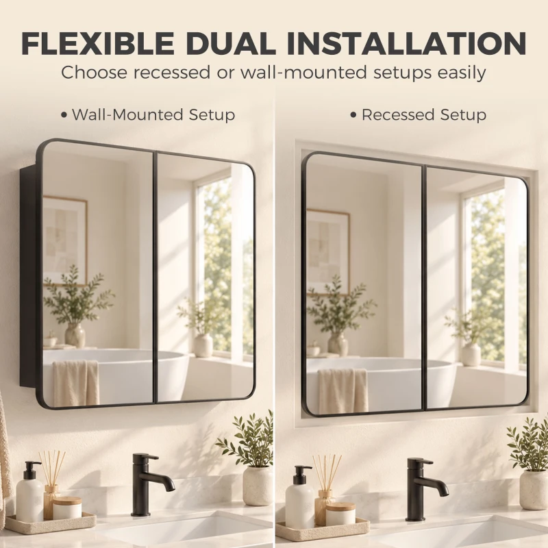 HOMCOM 76.2 x 11.6 x 61 cm Bathroom Mirror Cabinet, Wall Cabinet with Adjustable Shelves, Wall-Mounted or Recessed, Black