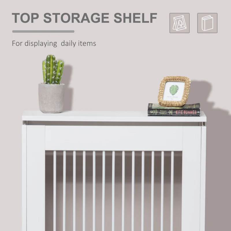 HOMCOM Radiator Cover Vertical Slatted Grille Heater Cover Top Shelf MDF Steel for Heat Circulation 60 x 18 x 84 cm White