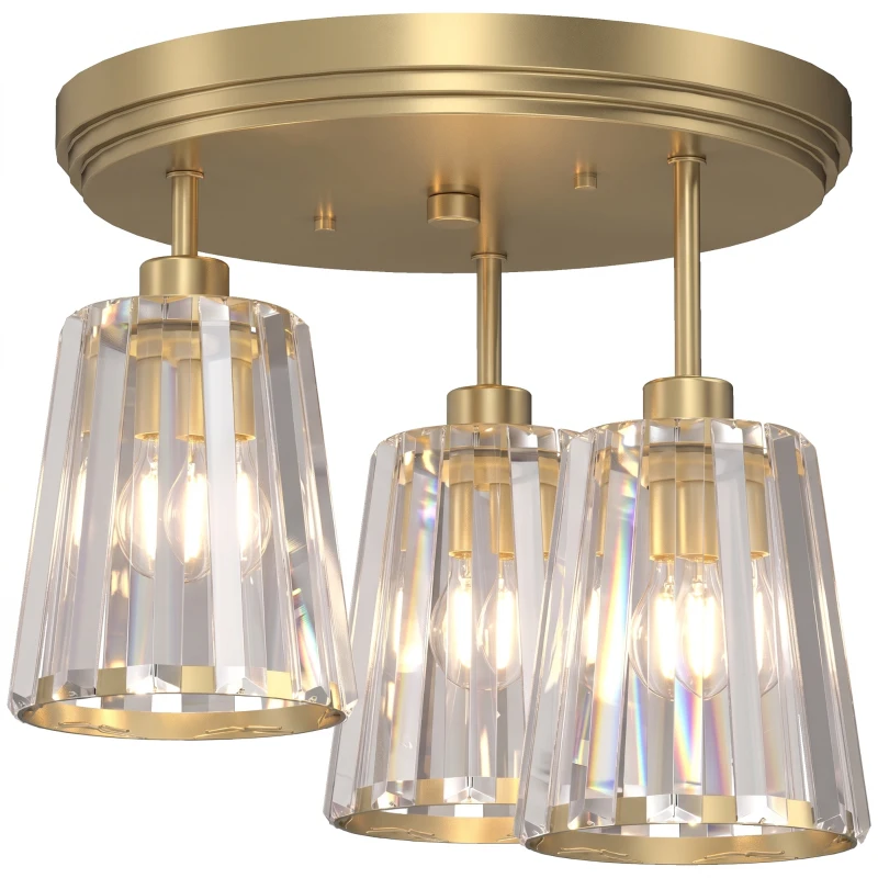 HOMCOM 3-Light Crystal Glass Ceiling Light, Triple Head with Dual Mounting, Modern Ceiling Lamp for Living Room, Gold Tone